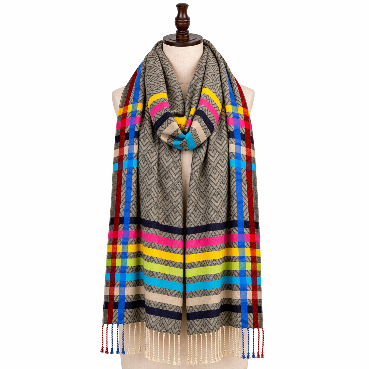 Black Chevron Scarf With Metallic Silk Stripes